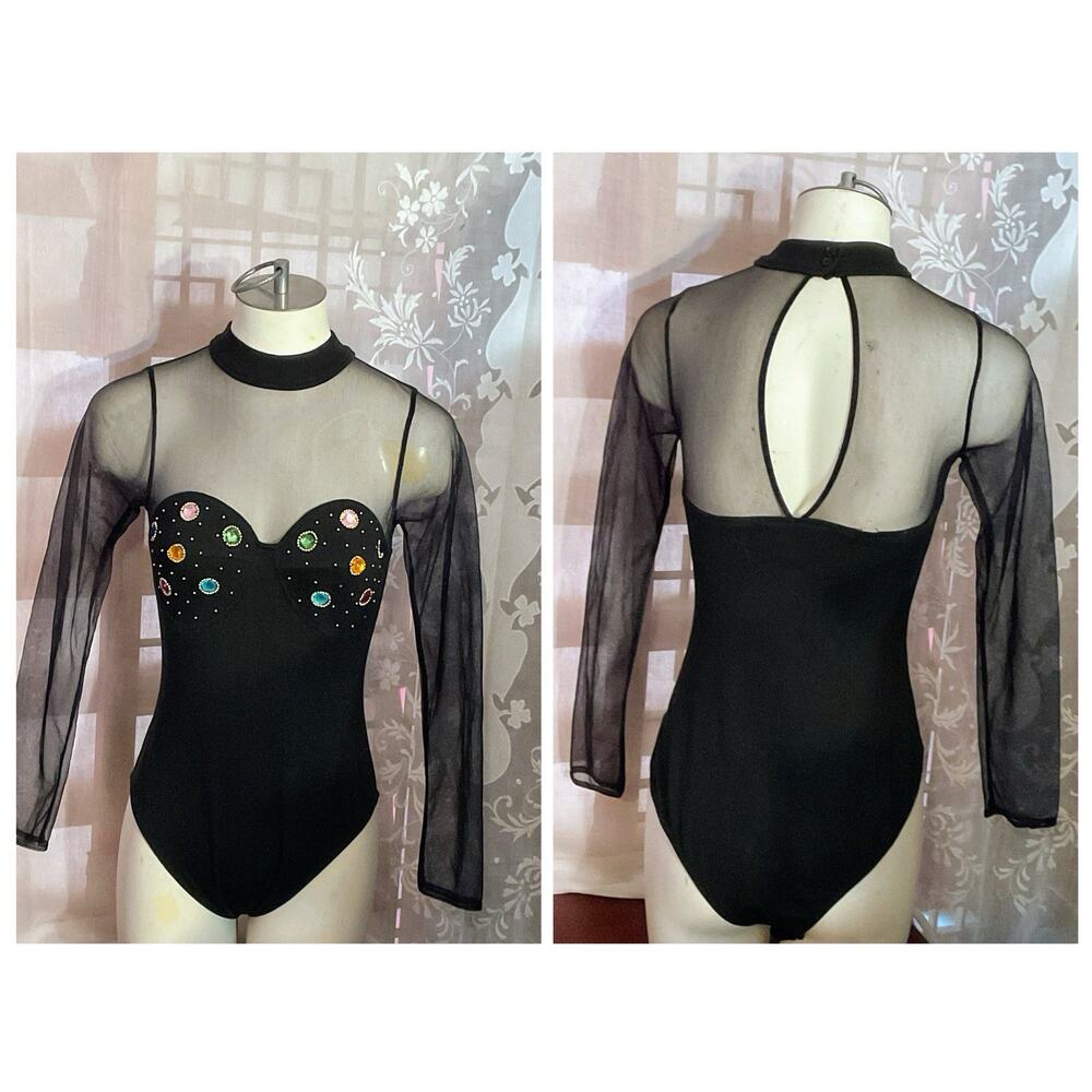 Vtg 90’s Black Sheer Crotch Snap Bodysuit Embellished Jewels Dance Stretch Med.